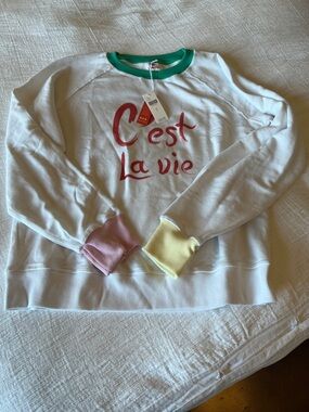 Sundry White Crewneck Sweatshirt with Pink & Yellow Cuffs and Green Neckline